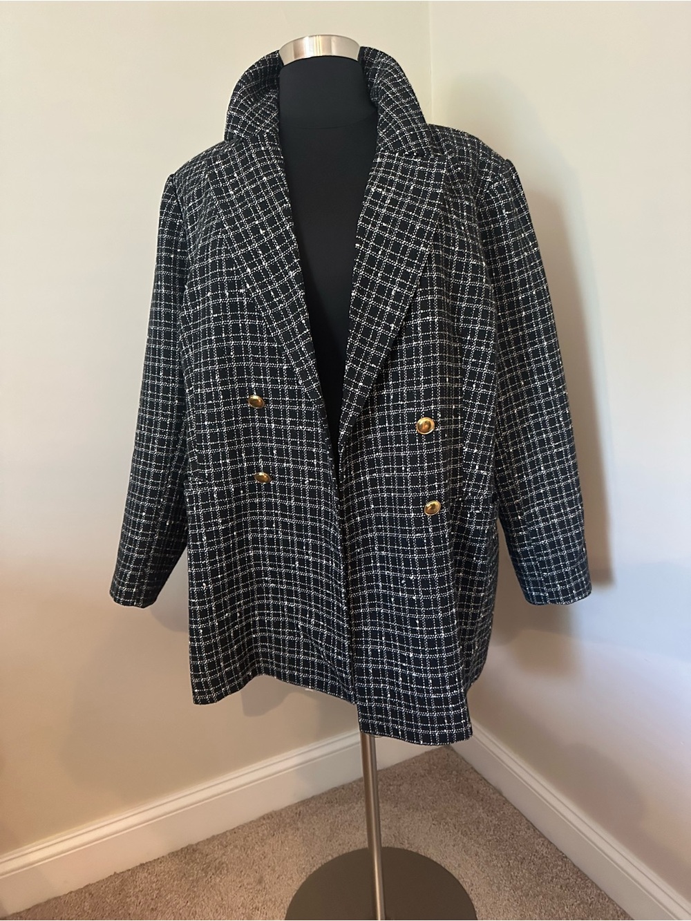 Eloquii tweed Double-Breasted Black & White Plaid Women's blazer 24